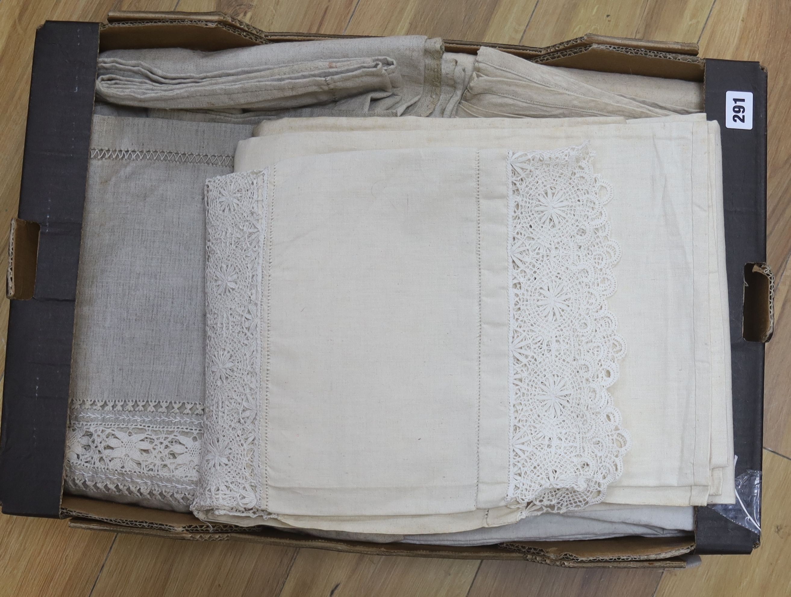 Two matching lace inserted French provincial sheets together with four similar sheets